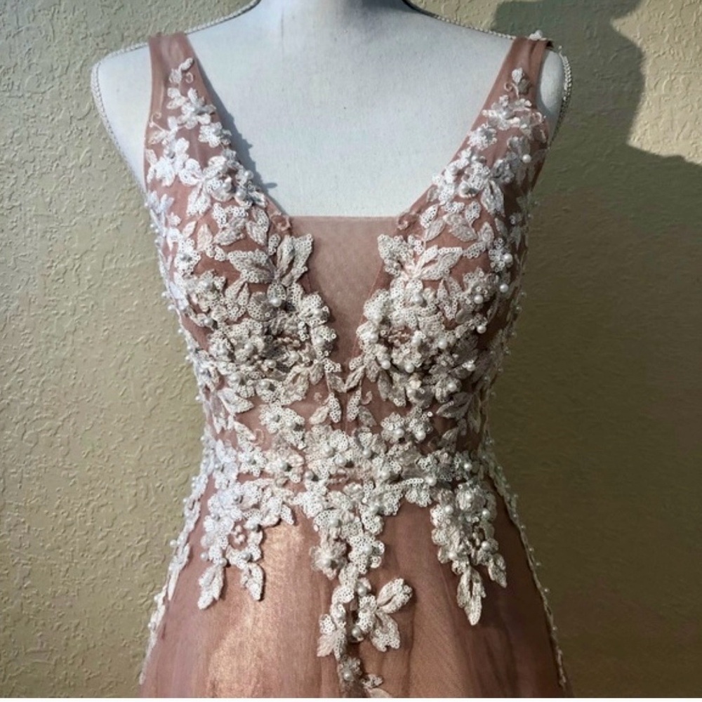 Gianni Bini Beaded Satin Dress 3 (prom, formal, sheer, junior, sheer) Rose Blush